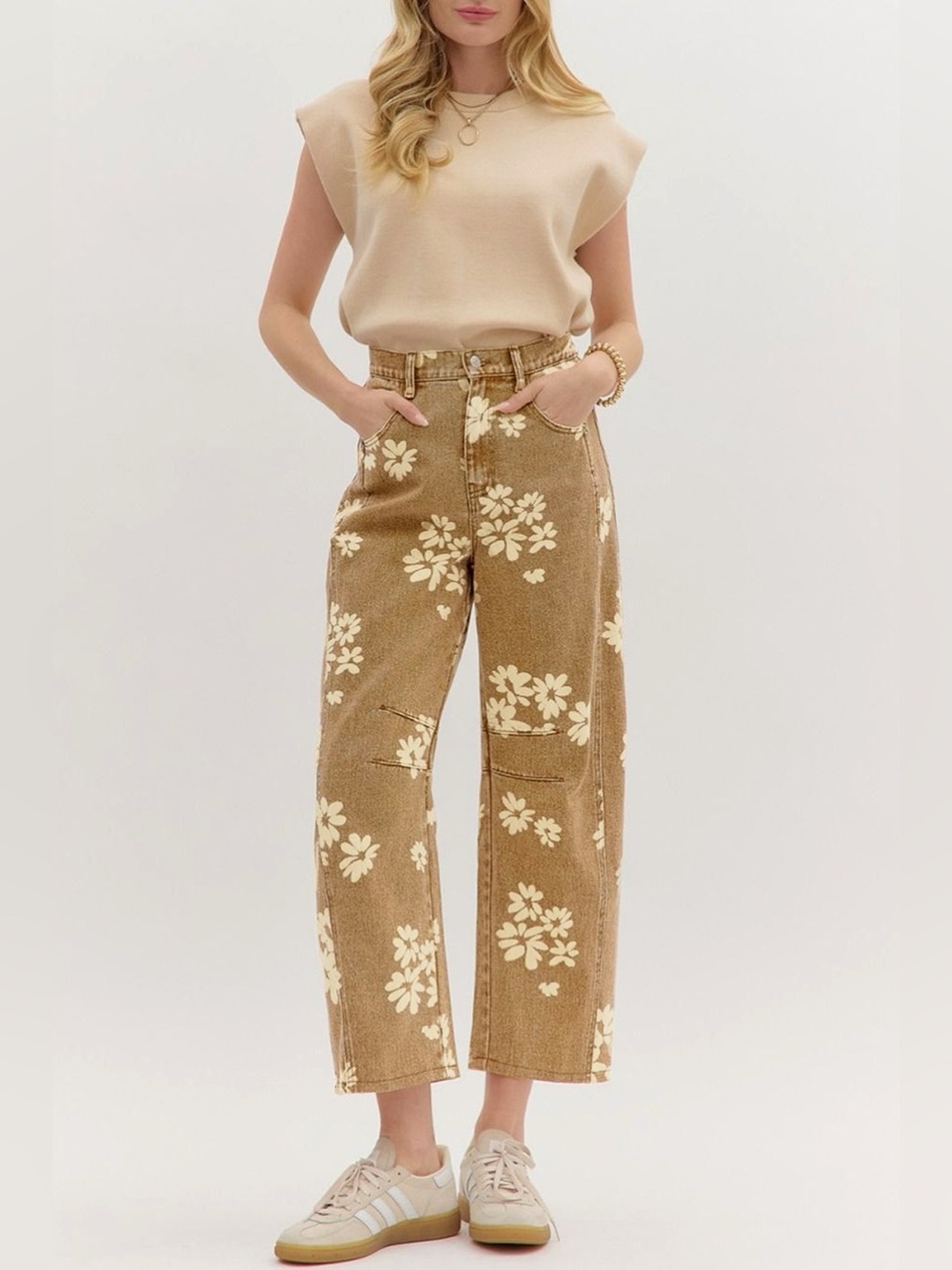 Floral Print Metal Button Pleated Straight Leg Jeans